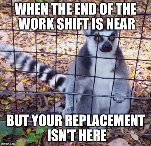 Get me out of here | WHEN THE END OF THE WORK SHIFT IS NEAR; BUT YOUR REPLACEMENT ISN'T HERE | image tagged in work sucks,stuck | made w/ Imgflip meme maker