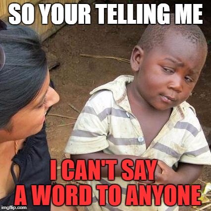 Third World Skeptical Kid Meme | SO YOUR TELLING ME I CAN'T SAY  A WORD TO ANYONE | image tagged in memes,third world skeptical kid | made w/ Imgflip meme maker