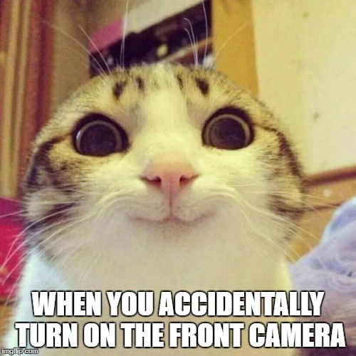 Smiling Cat Meme | WHEN YOU ACCIDENTALLY TURN ON THE FRONT CAMERA | image tagged in memes,smiling cat | made w/ Imgflip meme maker