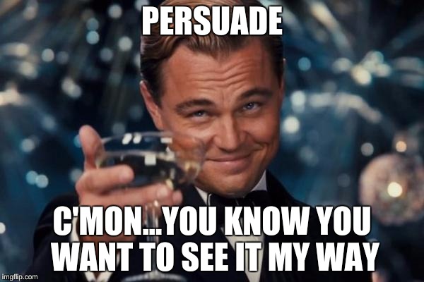 Leonardo Dicaprio Cheers Meme | PERSUADE; C'MON...YOU KNOW YOU WANT TO SEE IT MY WAY | image tagged in memes,leonardo dicaprio cheers | made w/ Imgflip meme maker