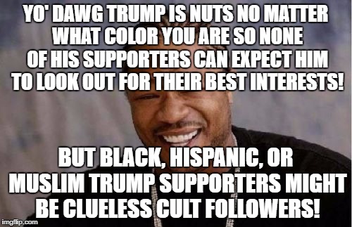 Yo Dawg Heard You Meme | YO' DAWG TRUMP IS NUTS NO MATTER WHAT COLOR YOU ARE SO NONE OF HIS SUPPORTERS CAN EXPECT HIM TO LOOK OUT FOR THEIR BEST INTERESTS! BUT BLACK, HISPANIC, OR MUSLIM TRUMP SUPPORTERS MIGHT BE CLUELESS CULT FOLLOWERS! | image tagged in memes,yo dawg heard you | made w/ Imgflip meme maker