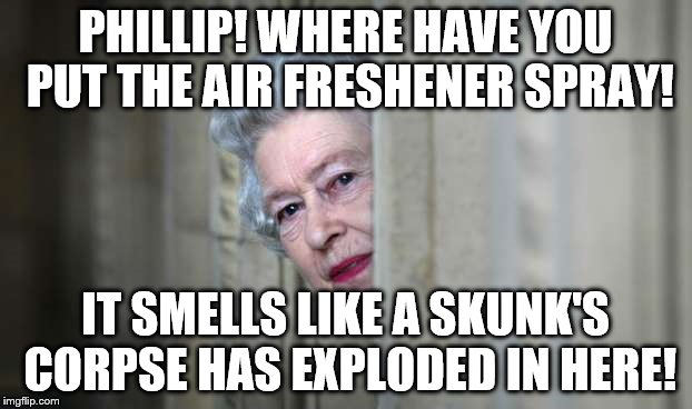 Sometimes even her royal highness has to punish the porcelain throne! | PHILLIP! WHERE HAVE YOU PUT THE AIR FRESHENER SPRAY! IT SMELLS LIKE A SKUNK'S CORPSE HAS EXPLODED IN HERE! | image tagged in british royals,royals,queen elizabeth | made w/ Imgflip meme maker