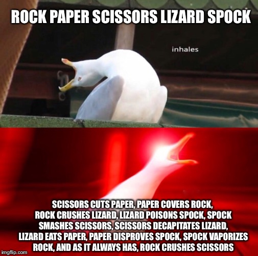Inhales | ROCK PAPER SCISSORS LIZARD SPOCK; SCISSORS CUTS PAPER, PAPER COVERS ROCK, ROCK CRUSHES LIZARD, LIZARD POISONS SPOCK, SPOCK SMASHES SCISSORS, SCISSORS DECAPITATES LIZARD, LIZARD EATS PAPER, PAPER DISPROVES SPOCK, SPOCK VAPORIZES ROCK, AND AS IT ALWAYS HAS, ROCK CRUSHES SCISSORS | image tagged in inhales,rock paper scissors,lizard,spock,sheldon cooper,big bang theory | made w/ Imgflip meme maker