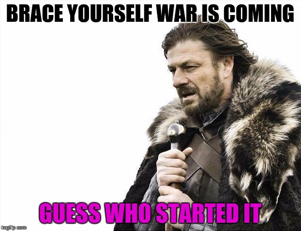 TRUMP!!!!!!! | BRACE YOURSELF WAR IS COMING; GUESS WHO STARTED IT | image tagged in memes,brace yourselves x is coming,donald trump,funny,war | made w/ Imgflip meme maker