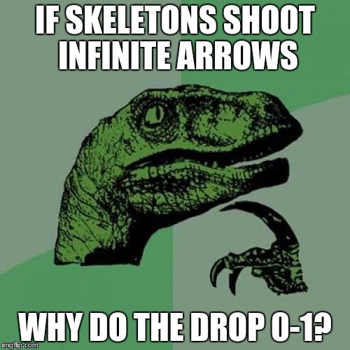 Philosoraptor Meme | IF SKELETONS SHOOT INFINITE ARROWS; WHY DO THE DROP 0-1? | image tagged in memes,philosoraptor | made w/ Imgflip meme maker