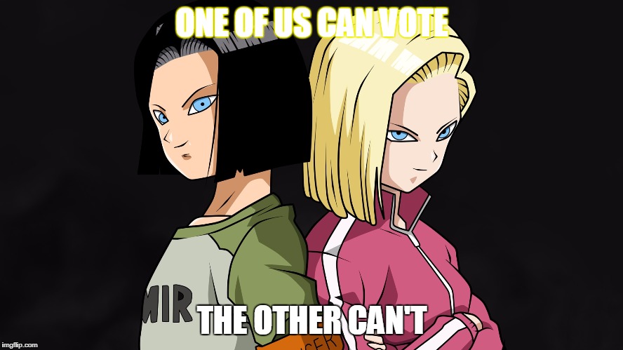 Android 17 and Android 18 | ONE OF US CAN VOTE; THE OTHER CAN'T | image tagged in android 17 and android 18 | made w/ Imgflip meme maker