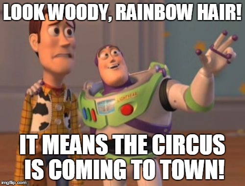 X, X Everywhere Meme | LOOK WOODY, RAINBOW HAIR! IT MEANS THE CIRCUS IS COMING TO TOWN! | image tagged in memes,x x everywhere | made w/ Imgflip meme maker