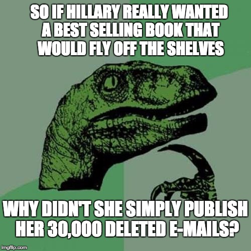 Philosoraptor | SO IF HILLARY REALLY WANTED A BEST SELLING BOOK THAT WOULD FLY OFF THE SHELVES; WHY DIDN'T SHE SIMPLY PUBLISH HER 30,000 DELETED E-MAILS? | image tagged in memes,philosoraptor | made w/ Imgflip meme maker