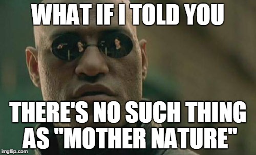 Matrix Morpheus | WHAT IF I TOLD YOU; THERE'S NO SUCH THING AS "MOTHER NATURE" | image tagged in memes,matrix morpheus | made w/ Imgflip meme maker