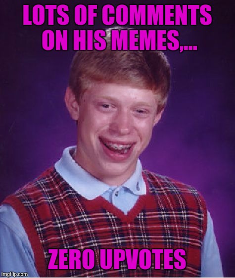 Bad Luck Brian Meme | LOTS OF COMMENTS ON HIS MEMES,... ZERO UPVOTES | image tagged in memes,bad luck brian | made w/ Imgflip meme maker