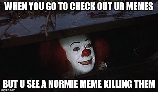 Pennywise sees a normie | WHEN YOU GO TO CHECK OUT UR MEMES; BUT U SEE A NORMIE MEME KILLING THEM | image tagged in normie,pennywise | made w/ Imgflip meme maker