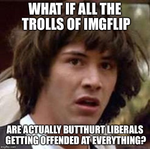 It could be true!  | WHAT IF ALL THE TROLLS OF IMGFLIP; ARE ACTUALLY BUTTHURT LIBERALS GETTING OFFENDED AT EVERYTHING? | image tagged in memes,conspiracy keanu,butthurt liberals | made w/ Imgflip meme maker