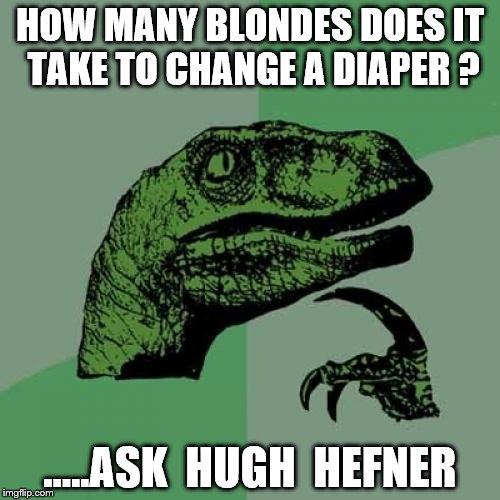 Philosoraptor | HOW MANY BLONDES DOES IT TAKE TO CHANGE A DIAPER ? .....ASK  HUGH  HEFNER | image tagged in memes,philosoraptor | made w/ Imgflip meme maker