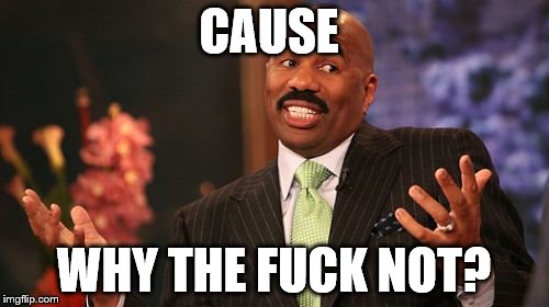 Steve Harvey Meme | CAUSE WHY THE F**K NOT? | image tagged in memes,steve harvey | made w/ Imgflip meme maker