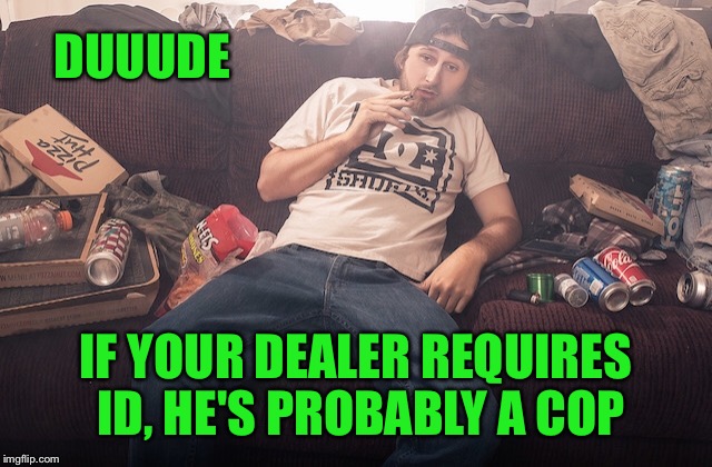 Stoner on couch | DUUUDE IF YOUR DEALER REQUIRES ID, HE'S PROBABLY A COP | image tagged in stoner on couch | made w/ Imgflip meme maker