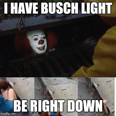 pennywise in sewer | I HAVE BUSCH LIGHT; BE RIGHT DOWN | image tagged in pennywise in sewer | made w/ Imgflip meme maker