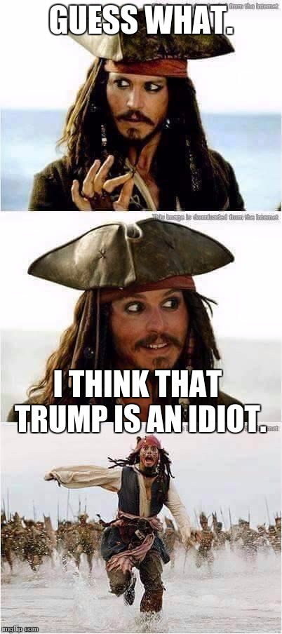 jack sparrow run | GUESS WHAT. I THINK THAT TRUMP IS AN IDIOT. | image tagged in jack sparrow run | made w/ Imgflip meme maker