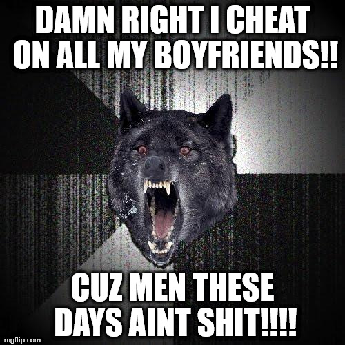 Insanity Wolf | DAMN RIGHT I CHEAT ON ALL MY BOYFRIENDS!! CUZ MEN THESE DAYS AINT SHIT!!!! | image tagged in memes,insanity wolf | made w/ Imgflip meme maker