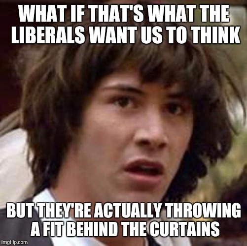 Conspiracy Keanu Meme | WHAT IF THAT'S WHAT THE LIBERALS WANT US TO THINK BUT THEY'RE ACTUALLY THROWING A FIT BEHIND THE CURTAINS | image tagged in memes,conspiracy keanu | made w/ Imgflip meme maker
