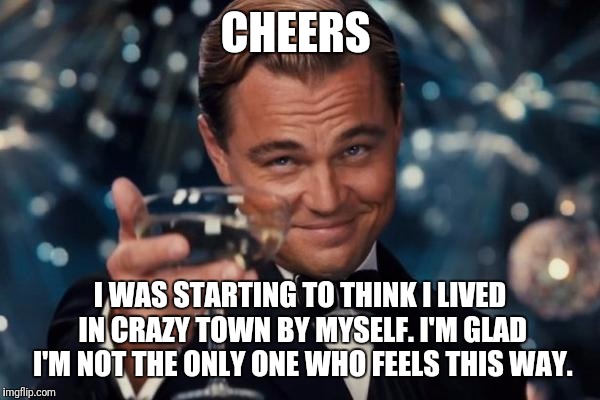 Leonardo Dicaprio Cheers Meme | CHEERS; I WAS STARTING TO THINK I LIVED IN CRAZY TOWN BY MYSELF. I'M GLAD I'M NOT THE ONLY ONE WHO FEELS THIS WAY. | image tagged in memes,leonardo dicaprio cheers | made w/ Imgflip meme maker