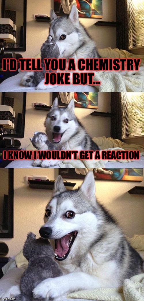 Bad Pun Dog | I'D TELL YOU A CHEMISTRY JOKE BUT... I KNOW I WOULDN'T GET A REACTION | image tagged in memes,bad pun dog,chemistry | made w/ Imgflip meme maker