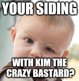 Skeptical Baby Meme | YOUR SIDING WITH KIM THE CRAZY BASTARD? | image tagged in memes,skeptical baby | made w/ Imgflip meme maker