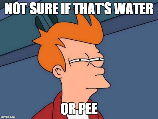 Futurama Fry Meme | NOT SURE IF THAT'S WATER OR PEE | image tagged in memes,futurama fry | made w/ Imgflip meme maker