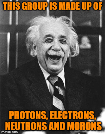 This group | THIS GROUP IS MADE UP OF; PROTONS, ELECTRONS, NEUTRONS AND MORONS | image tagged in einstein laugh,memes | made w/ Imgflip meme maker