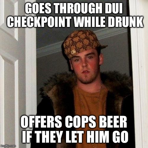 Scumbag Steve Meme | GOES THROUGH DUI CHECKPOINT WHILE DRUNK; OFFERS COPS BEER IF THEY LET HIM GO | image tagged in memes,scumbag steve | made w/ Imgflip meme maker