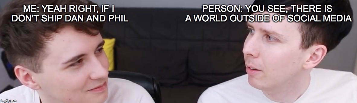 L.I.T.E.R.A.L.L.Y. M.E. | ME: YEAH RIGHT, IF I DON'T SHIP DAN AND PHIL; PERSON: YOU SEE, THERE IS A WORLD OUTSIDE OF SOCIAL MEDIA | image tagged in dan and phil,relatable | made w/ Imgflip meme maker