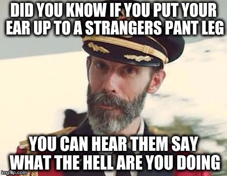 Captain Obvious | DID YOU KNOW IF YOU PUT YOUR EAR UP TO A STRANGERS PANT LEG; YOU CAN HEAR THEM SAY WHAT THE HELL ARE YOU DOING | image tagged in captain obvious | made w/ Imgflip meme maker