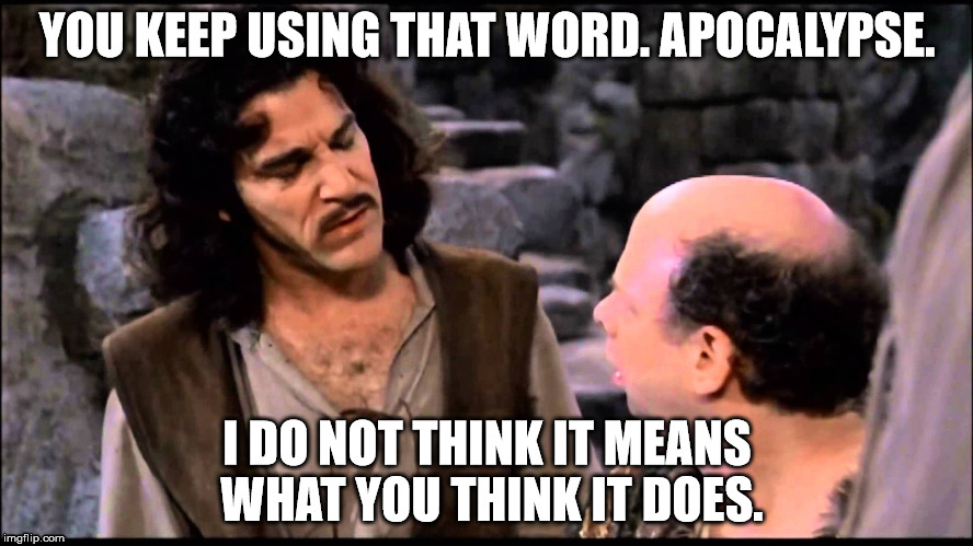 Princess Bride  | YOU KEEP USING THAT WORD. APOCALYPSE. I DO NOT THINK IT MEANS WHAT YOU THINK IT DOES. | image tagged in princess bride | made w/ Imgflip meme maker