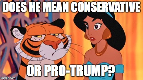 DOES HE MEAN CONSERVATIVE OR PRO-TRUMP? | made w/ Imgflip meme maker