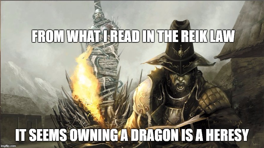 Witch hunter fantasy | FROM WHAT I READ IN THE REIK LAW; IT SEEMS OWNING A DRAGON IS A HERESY | image tagged in witch hunter fantasy | made w/ Imgflip meme maker