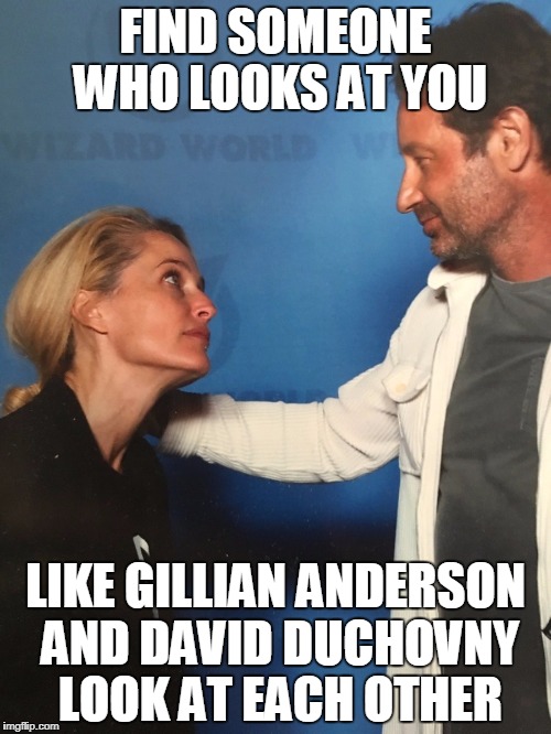 Find someone who looks at you like Gillian Anderson and David Duchovny look at each other | FIND SOMEONE WHO LOOKS AT YOU; LIKE GILLIAN ANDERSON AND DAVID DUCHOVNY LOOK AT EACH OTHER | image tagged in love,find someone,bff,adorable | made w/ Imgflip meme maker