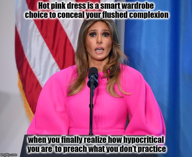 Trump's Hot Pink Mess of (Ad)dress | image tagged in melania trump,resist,united nations,donald trump,cyberbullying,hypocrisy | made w/ Imgflip meme maker