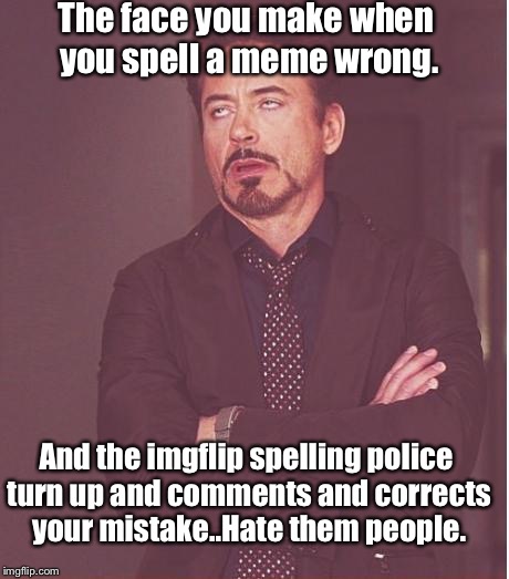 Face You Make Robert Downey Jr Meme | The face you make when you spell a meme wrong. And the imgflip spelling police turn up and comments and corrects your mistake..Hate them people. | image tagged in memes,face you make robert downey jr | made w/ Imgflip meme maker