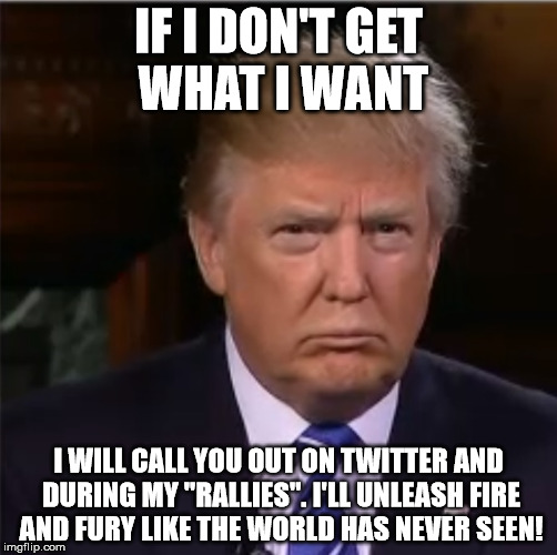 Donald Trump sulk | IF I DON'T GET WHAT I WANT; I WILL CALL YOU OUT ON TWITTER AND DURING MY "RALLIES". I'LL UNLEASH FIRE AND FURY LIKE THE WORLD HAS NEVER SEEN! | image tagged in donald trump sulk | made w/ Imgflip meme maker