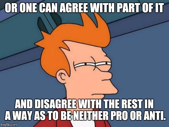 Futurama Fry Meme | OR ONE CAN AGREE WITH PART OF IT AND DISAGREE WITH THE REST IN A WAY AS TO BE NEITHER PRO OR ANTI. | image tagged in memes,futurama fry | made w/ Imgflip meme maker