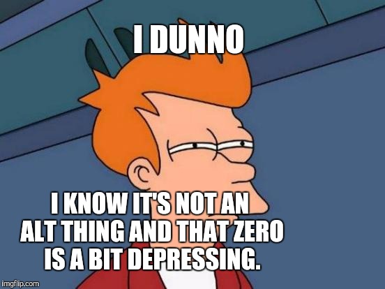 Futurama Fry Meme | I DUNNO I KNOW IT'S NOT AN ALT THING AND THAT ZERO IS A BIT DEPRESSING. | image tagged in memes,futurama fry | made w/ Imgflip meme maker