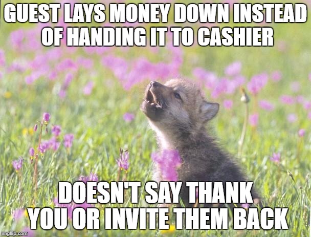 Baby Insanity Wolf Meme | GUEST LAYS MONEY DOWN INSTEAD OF HANDING IT TO CASHIER; DOESN'T SAY THANK YOU OR INVITE THEM BACK | image tagged in memes,baby insanity wolf,AdviceAnimals | made w/ Imgflip meme maker