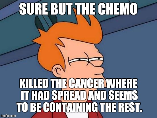 Futurama Fry Meme | SURE BUT THE CHEMO KILLED THE CANCER WHERE IT HAD SPREAD AND SEEMS TO BE CONTAINING THE REST. | image tagged in memes,futurama fry | made w/ Imgflip meme maker