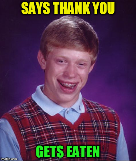 Bad Luck Brian Meme | SAYS THANK YOU GETS EATEN | image tagged in memes,bad luck brian | made w/ Imgflip meme maker