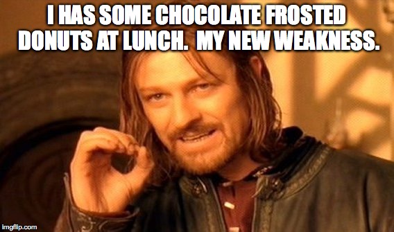 One Does Not Simply Meme | I HAS SOME CHOCOLATE FROSTED DONUTS AT LUNCH.  MY NEW WEAKNESS. | image tagged in memes,one does not simply | made w/ Imgflip meme maker