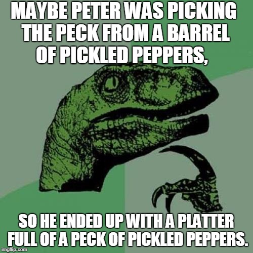 Philosoraptor Meme | MAYBE PETER WAS PICKING THE PECK FROM A BARREL OF PICKLED PEPPERS, SO HE ENDED UP WITH A PLATTER FULL OF A PECK OF PICKLED PEPPERS. | image tagged in memes,philosoraptor | made w/ Imgflip meme maker