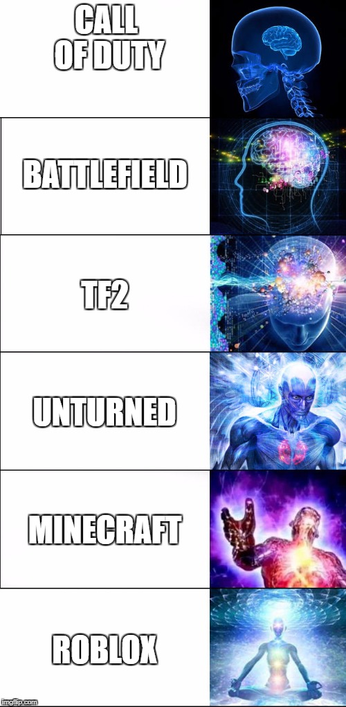 Expanding brain | CALL OF DUTY; BATTLEFIELD; TF2; UNTURNED; MINECRAFT; ROBLOX | image tagged in expanding brain | made w/ Imgflip meme maker