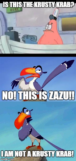 No! This is Zazu! | IS THIS THE KRUSTY KRAB? NO! THIS IS ZAZU!! I AM NOT A KRUSTY KRAB! | image tagged in krusty krab,spongebob,patrick star,lion king,zazu | made w/ Imgflip meme maker