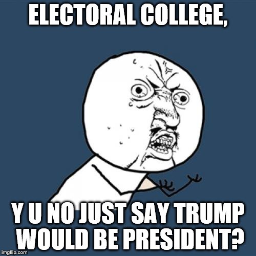 Y U No Meme | ELECTORAL COLLEGE, Y U NO JUST SAY TRUMP WOULD BE PRESIDENT? | image tagged in memes,y u no | made w/ Imgflip meme maker