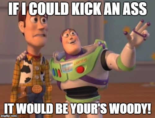 X, X Everywhere Meme | IF I COULD KICK AN ASS; IT WOULD BE YOUR'S WOODY! | image tagged in memes,x x everywhere | made w/ Imgflip meme maker