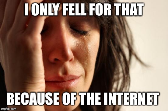 First World Problems Meme | I ONLY FELL FOR THAT BECAUSE OF THE INTERNET | image tagged in memes,first world problems | made w/ Imgflip meme maker